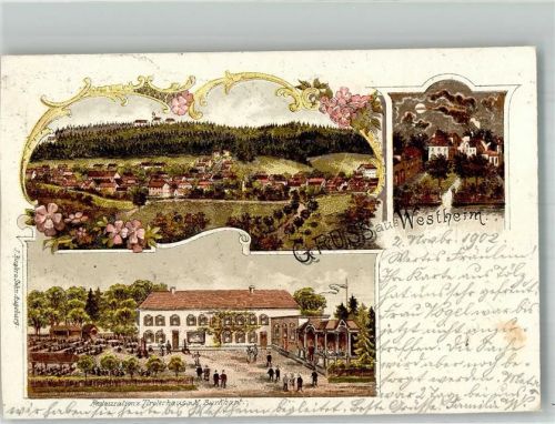 Westheim 1902 Lithographie Gasthaus zum Tirolerhaus beschnitten