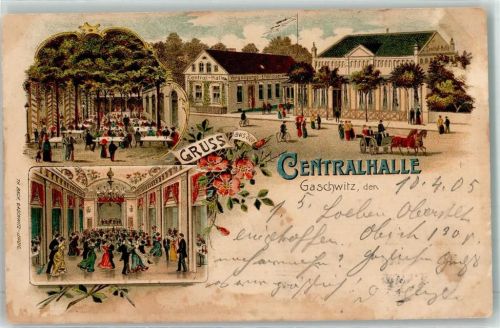 04416 O7112 Gaschwitz 1905 Gebrauchsspuren Etablissement Centralhalle Ballsaal Litho