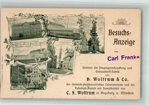 Augsburg 1903 Verbandstoff-Fabrik Wolfrum & Co Laboratorium u. Pulverisier-Anstalt Lagerräume Warenhaus Besuchs-Anzeige