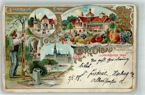 W2000 Hamburg Lithographie Gartenbau-Ausstellung 1897 Gärtner Haupteingang Hauptgebäude Gartenbauausstellung 1898 Gebrauchsspuren