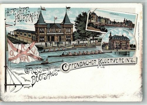Offenbach Lithographie Bootshaus des Offenbbacher Rudervereins Renn-Ruderboote Schloss Möwen Vereins-Fahne