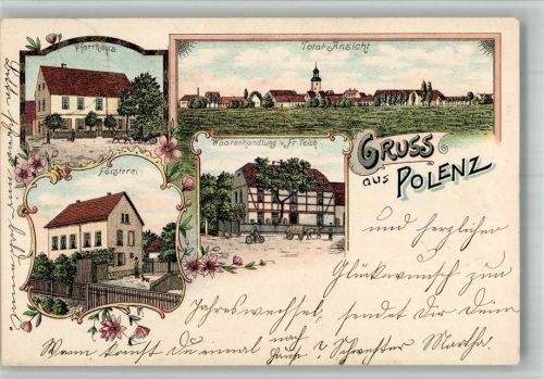 04821 O7251 Polenz b Wurzen 1900 BOAKC Lithographie Pfarrhaus Försterei Warenhandlung Teich