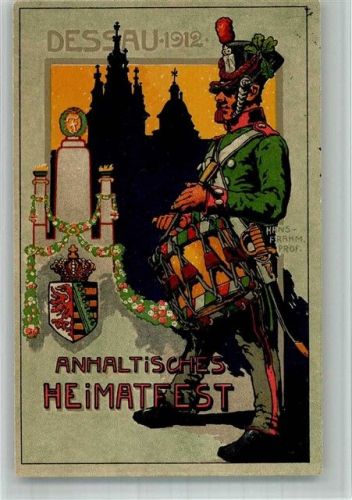 Dessau 1912 sign. Prof. Hans Frahm Anhaltisches Heimatfest Trommler Wappen Lithographie