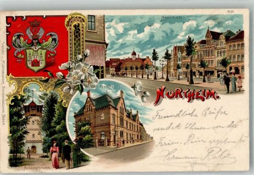 37154 W3410 Northeim 1905 Lithographie Stadtwappen Aussichtsturm Postamt Marktplatz