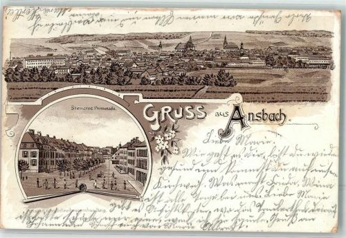 91522 W8800 Ansbach , Mittelfr 1898 Lithographie Vorläufer Steinerne Promenade