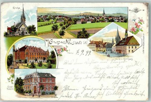 01844 O8355 Neustadt , Sachs 1899 Lithographie Marktplatz Rathaus Kgl. Amtsgericht Kais. Postamt