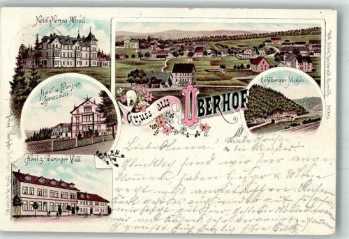 98559 O6055 Oberhof , Thüringen 1897 Lithographie Hotel zum Herzog Albrecht Gehlberger Mühle Hotel zum Thüringer Wald Hotel Sanssouci