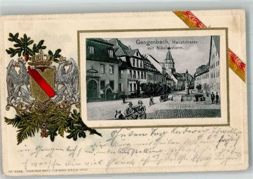 Gengenbach 1902 Hauptstrasse Brunnen Nikolaiturm Wappen Passepartout