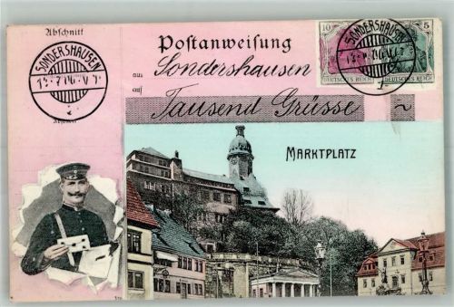 Sondershausen 1907 Postbote Postanweisung über 1000 Grüße Marktplatz von Sondershausen