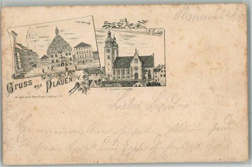 O9900 Plauen Rathaus St. Johannis Kirche Lithographie Vorläufer 1892 BOAKC