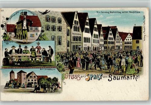 Spalt 1912 Lithographie Saumarkt Arrestturm Brauhaushof Hopfenzupfer Papierhandlung