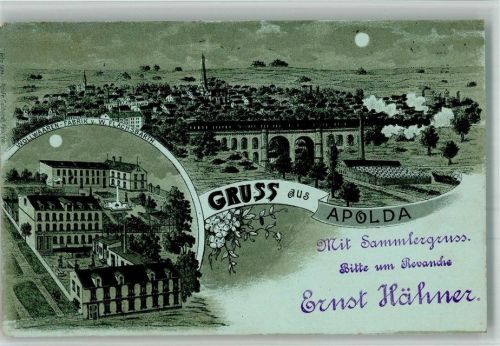 Apolda Lithographie-Mondschein Wollwaren-Fabrik Flachsbarth Sammlergruß RS. Stempel Wollwarenfabrikant Ernst Hähner