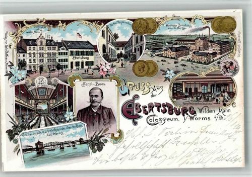 Worms 1900 Hotel Zum wilden Mann Colosseum Ebertsburg Gasthaus Wormser Brauerei G. Oertge Seppl Boos Baustelle Eisenbahnbrücke über den Rhein Lithographie