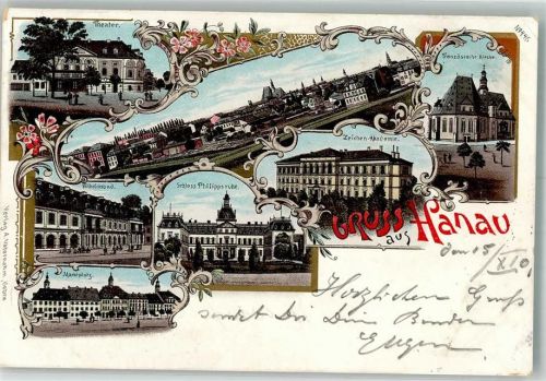 Hanau 1901 Schloß Philippsruhe Zeichen-Akademie Theater Wilhelmsbad Bahnpost -Frankfurt Zug 4