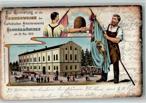 Schwabmünchen 1904 Lithographie Fahnenweihe des Kath. Arbeitervereins 29. Mai 1904 Saalbau Postkeller Gasthaus Bienen Imker
