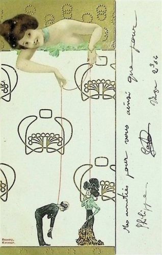 1904 Liebespaar als Marionetten Erotik Jugendstil Lithographie Prägedruck