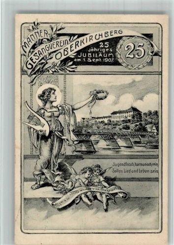 Oberkirchberg 1907 Lithographie 25 jähriges Jubiläum des Männergesangvereins Oberkirchberg 1907 Harfespielerin Putti