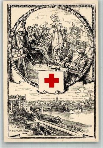 Neu-Ulm 1916 Opfertag Krankenschwestern Krankenwagen Verwundete sign. F. Schuhwerk Lithographie