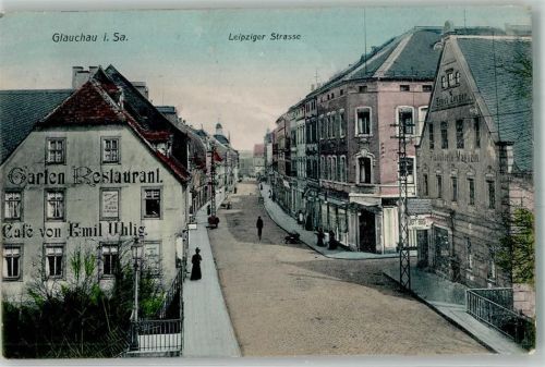 Glauchau 1907 Leipziger Straße Cafe- Gartenrestaurant Emil Uhlig Piano-Handlung Zeuner