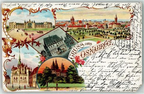 Osnabrück 1898 Lithographie Bahnhof Rathaus Marienkirche Dom