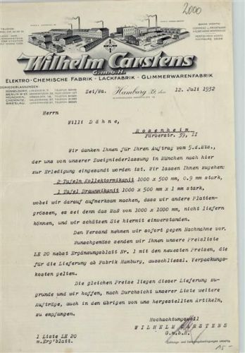 Hamburg Geschäftsbrief von 1932 Wilhelm Carsens Chemische Fabrik