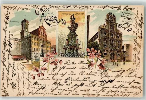Augsburg 1906 Rathaus Herkules Brunnen Zeughaus Blumen Gruss