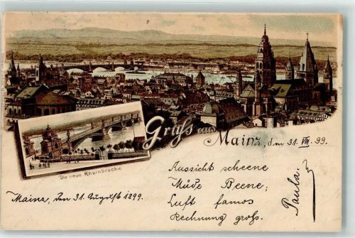 Mainz 1899 Neue Rheinbrücke Lithographie
