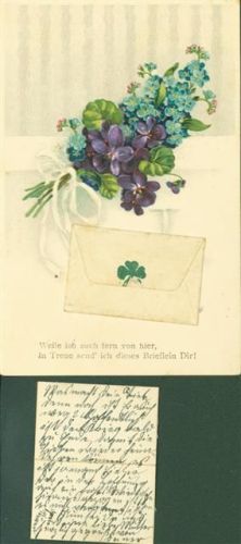 Veilchen Vergissmeinnicht Aufgeklebtes Briefkuvert mit innliegender Briefkarte Glücksklee