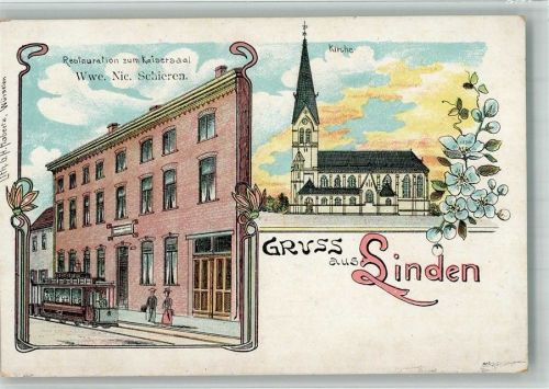 Linden Lithographie Gasthaus zum Kaisersaal Strassenbahn