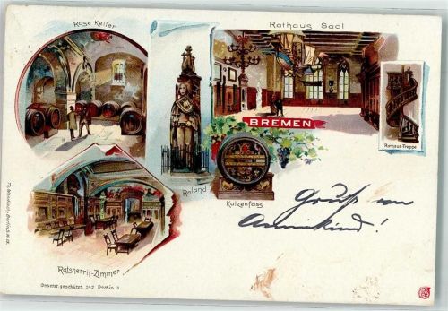 28195 W2800 Bremen 1897 Lithographie Roland Rathaus-Saal Ratsherrn-Zimmer Rose-Keller Katzenfaß