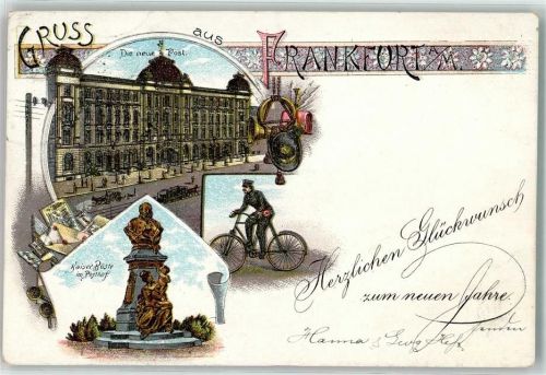 Frankfurt 1897 die neue Post Kaiser Büste im Poshof Briefträger Fahrrad Neu Jahr