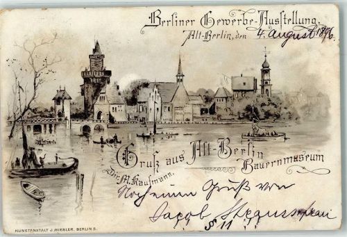 10115 O1193 Treptow 1896 Lithographie Gewerbe-Ausstellung Alt Berlin Bauernmuseum Spree