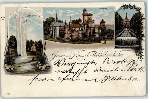 Kassel 1898 Grosse fontaine Löwenburg Cascaden Gruss Wilhelmshöhe