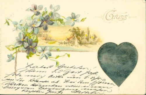 1900 Herz ausgeschnitten und mit Spiegelfolie hinterklebt Spiegelkarte Besonderes Patent Veilchen