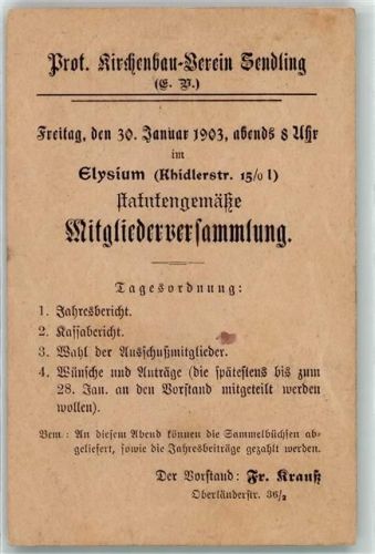 Sendling 1903 Einladung Mitgliederversammlung Prot. Kirchenbauverein