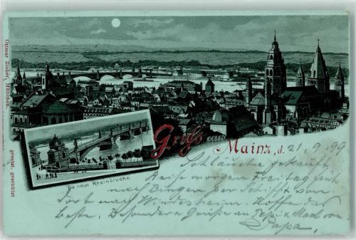 Mainz 1899 Die neue Rheinbrücke Raddampfer Mond Dom Kirche Gruss