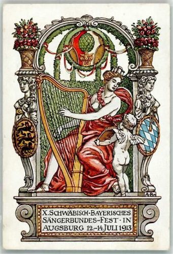 86150 W8900 Augsburg , Bay Lithographie X. Schwäb.-Bayerisches Sängerbundesfest 1913 Harfenspielerin Amor-Engel Wappen