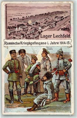 Graben 1915 Lager Lechfeld Russische Kriegsgefanene i. Jahre 1914-15 Uniform Lithographie