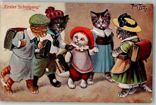 1916 Humor Verlag T.S.N. Serie 962 Katze vermenschlicht erster Schulgang