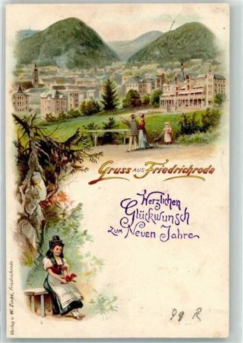 Friedrichroda 1899 Herzlichen Glückwunsch zum Neuen Jahr Gruss Tracht Turm Kind Hund