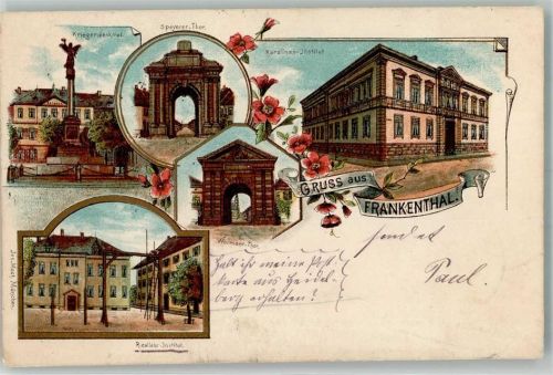 Frankenthal 1896 Kriegerdenkmal Speyerer Tor Karolinen-Institut Wormser Tor