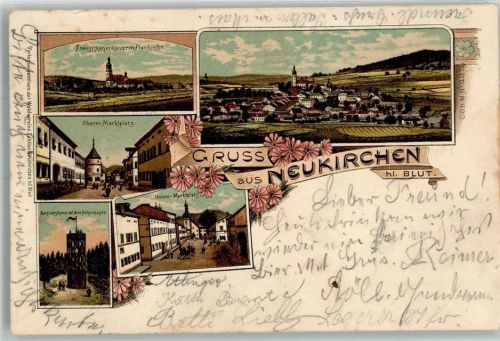 93453 W8497 Neukirchen b Hl Blut 1899 Lithographie Aussichtsturm Oberer Marktplatz Franziskanerkloster Unterer Marktplatz