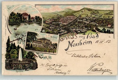 Bad Nauheim 1903 Teichhaus Sprudel Kurhaus Ruderboot Gruss Blumen Lithographie