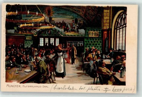 W8000 München Hofbräuhaus Saal Zieher, Ottmar Künstlerkarte Nr. 1885 Hey, Paul 1900