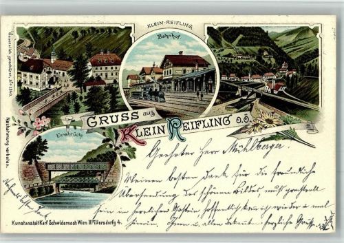 Reifling 1900 Lithographie Bahnhof Ennsbrücke Eisenbahn