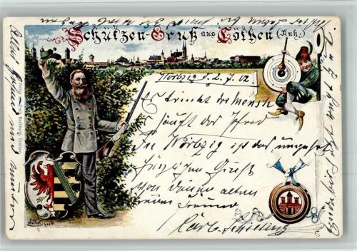 Köthen 1902 Lithographie Cöthener Schützenfest Schützengruß Schütze Wappen Schützenfest-Stempel sign. Waibel