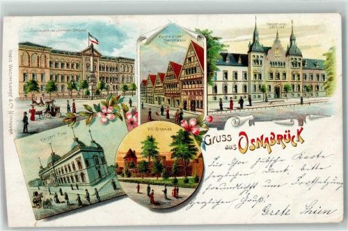 Osnabrück 1898 Lithographie Justizgebäude u. Kriegerdenkmal Bierstraße Kaiserl. Post Vili Schanze Regierungsgebäude