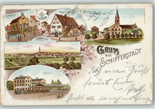Schifferstadt 1899 Gruss aus Bahnhof Gemeindehaus Tempel Lithographie