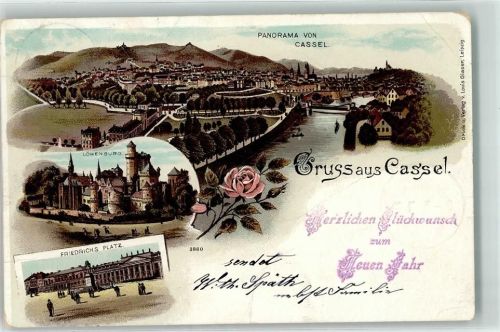 34117 W3500 Kassel , Hess 1904 Gebrauchsspuren Lithographie Löwenburg Friedrichsplatz Neu Jahr