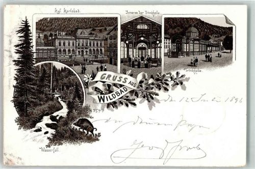 Bad Wildbad 1896 Kgl. Karlsbad Wasserfall Wildschein Trinkhalle Innenansicht